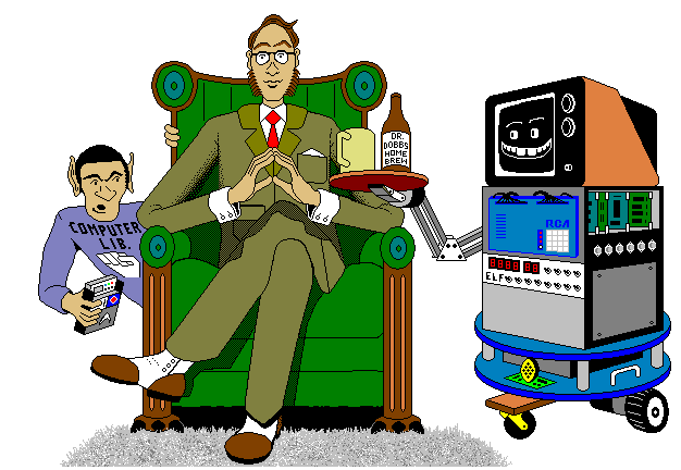 Cartoon drawing of a man sitting in green chair with a TV serving him a drink